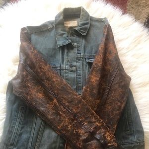 NWOT Men Denim Supply with Distress Leather arms